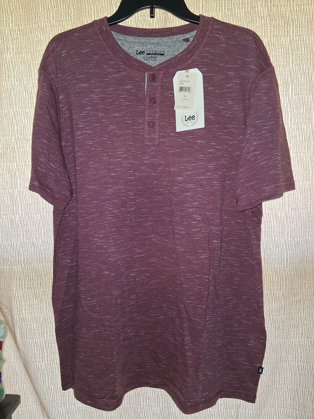 Lee Maroon Short Sleeve Henley Tee Size XL